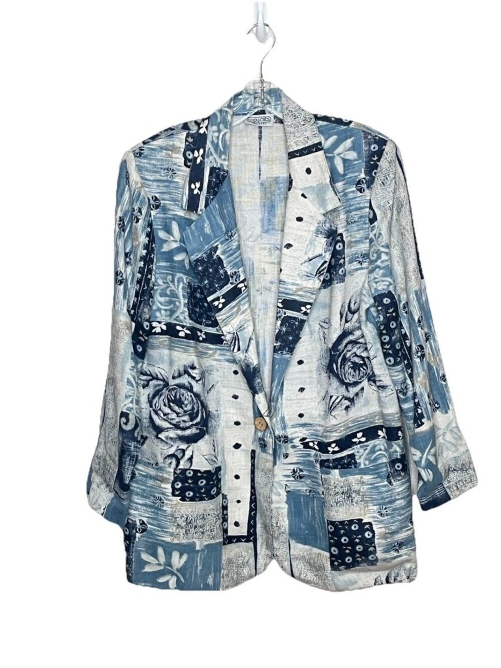 Vtg Copy Cats USA Patchwork Floral Blazer Jacket Blue White Boho Lagonlook M/L